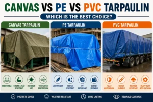 Canvas vs PE vs PVC tarpaulin comparison showing breathable canvas, lightweight PE tarp, and heavy-duty waterproof PVC tarpaulin.