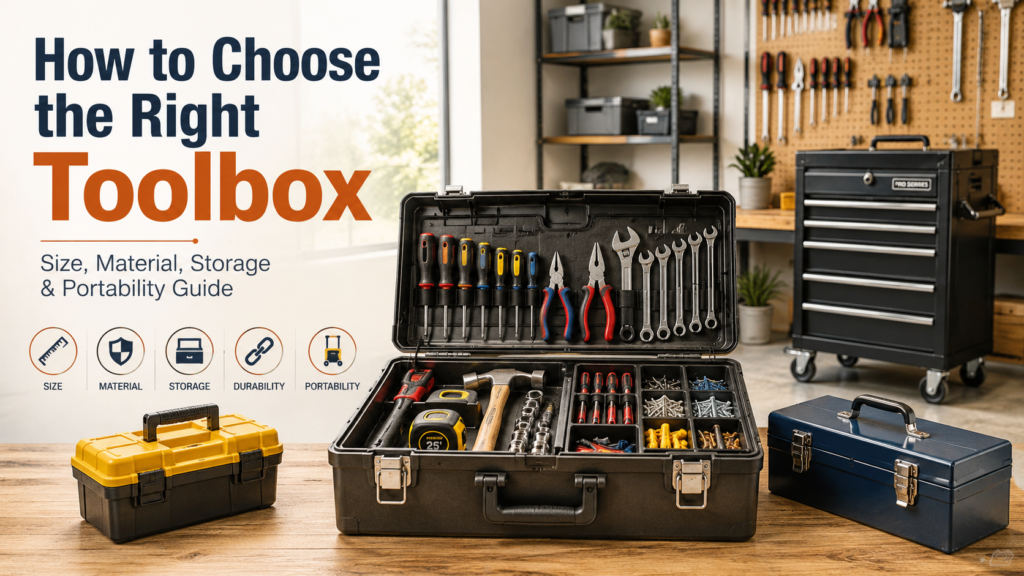 Open toolbox with organized hand tools, plastic and metal toolboxes, showing how to choose the right toolbox by size, storage, material, and portability.