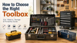 Open toolbox with organized hand tools, plastic and metal toolboxes, showing how to choose the right toolbox by size, storage, material, and portability.