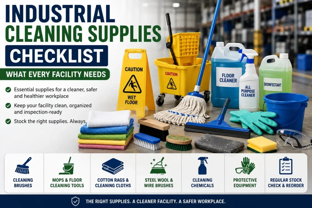 Industrial cleaning supplies checklist showing mops, brushes, cleaning cloths, chemicals, PPE, buckets, and floor cleaning tools for facilities.