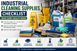 Industrial cleaning supplies checklist showing mops, brushes, cleaning cloths, chemicals, PPE, buckets, and floor cleaning tools for facilities.