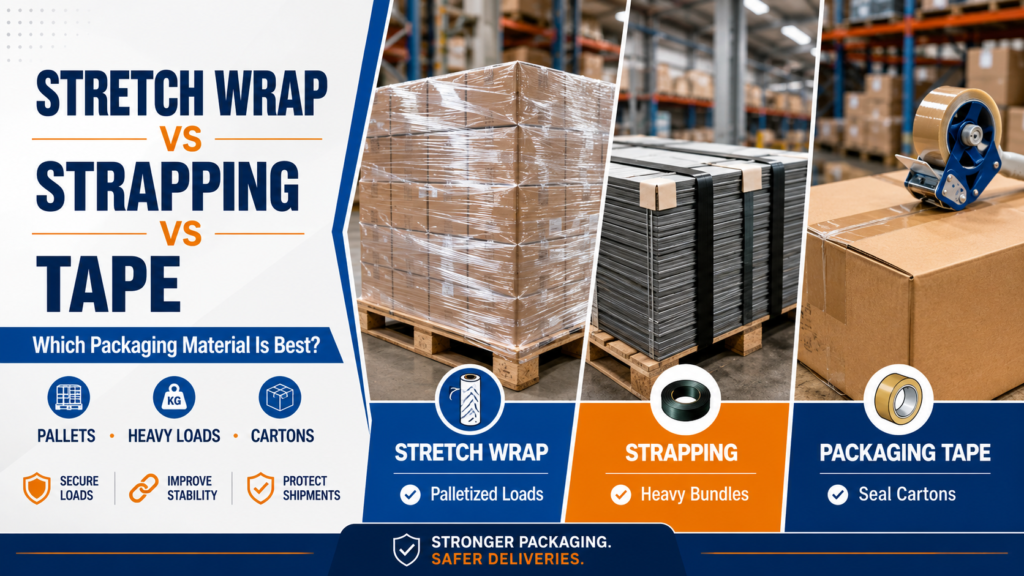 Stretch wrap vs strapping vs packaging tape comparison for securing pallets, heavy loads, and shipping cartons.