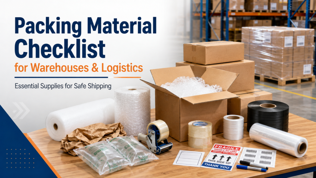 Essential packing materials for warehouses including boxes, bubble wrap, stretch film, tape, strapping, void fill and shipping labels.